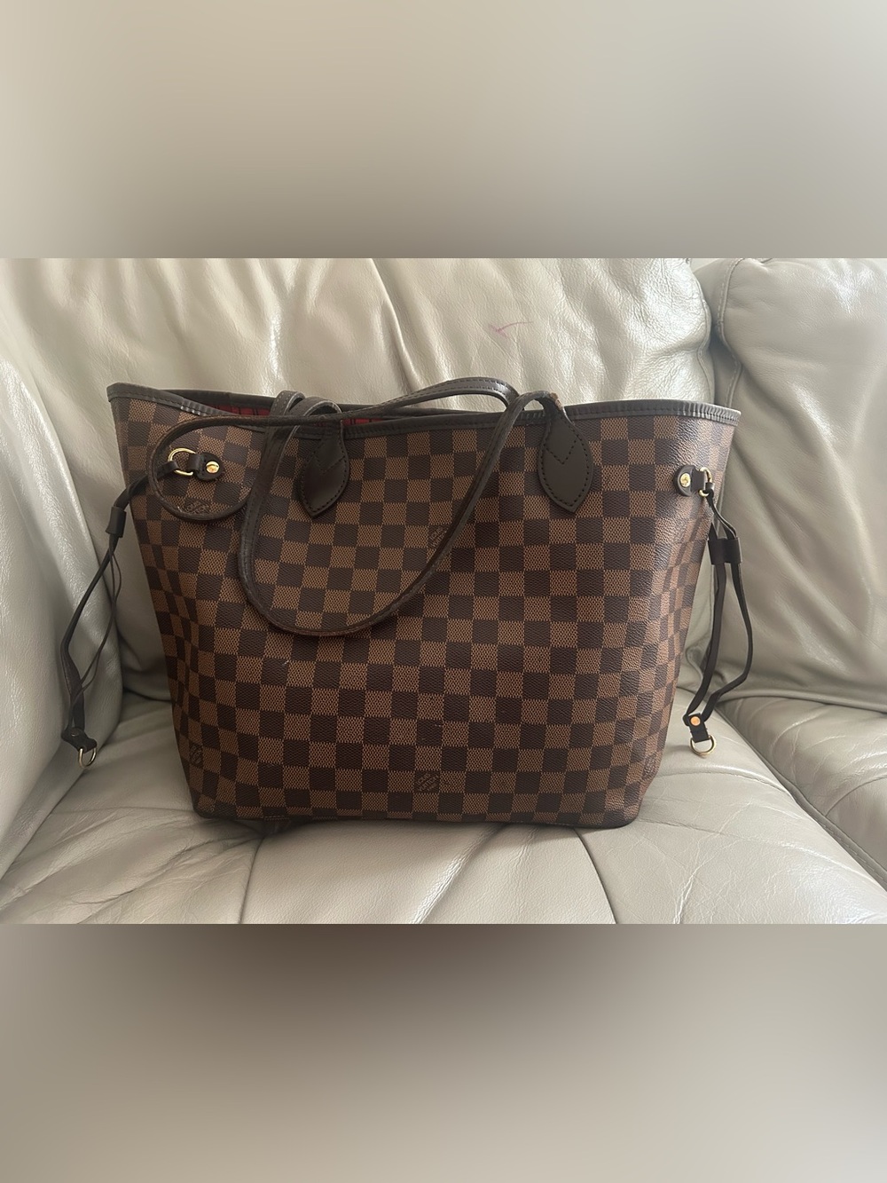 Louis Vuitton Neverfull MM Damier Ebene Tote Bag Red Lining